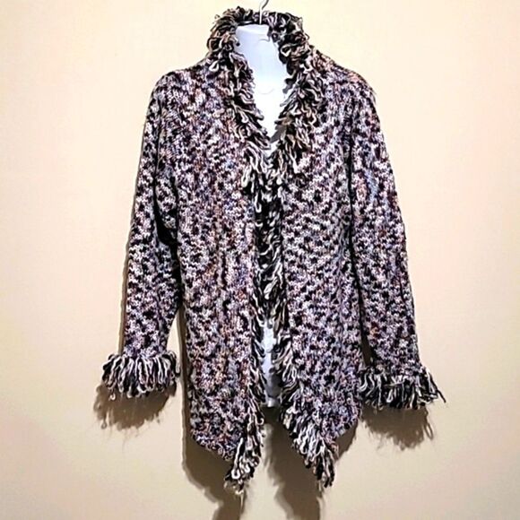 CASAMIA Brown Multicolored Ruffle Cardigan Sweater Sz M/L - Picture 2 of 9